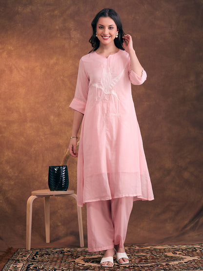 Solid Floral Patchwork Embroidered A-Line Co-ord Set - Pink