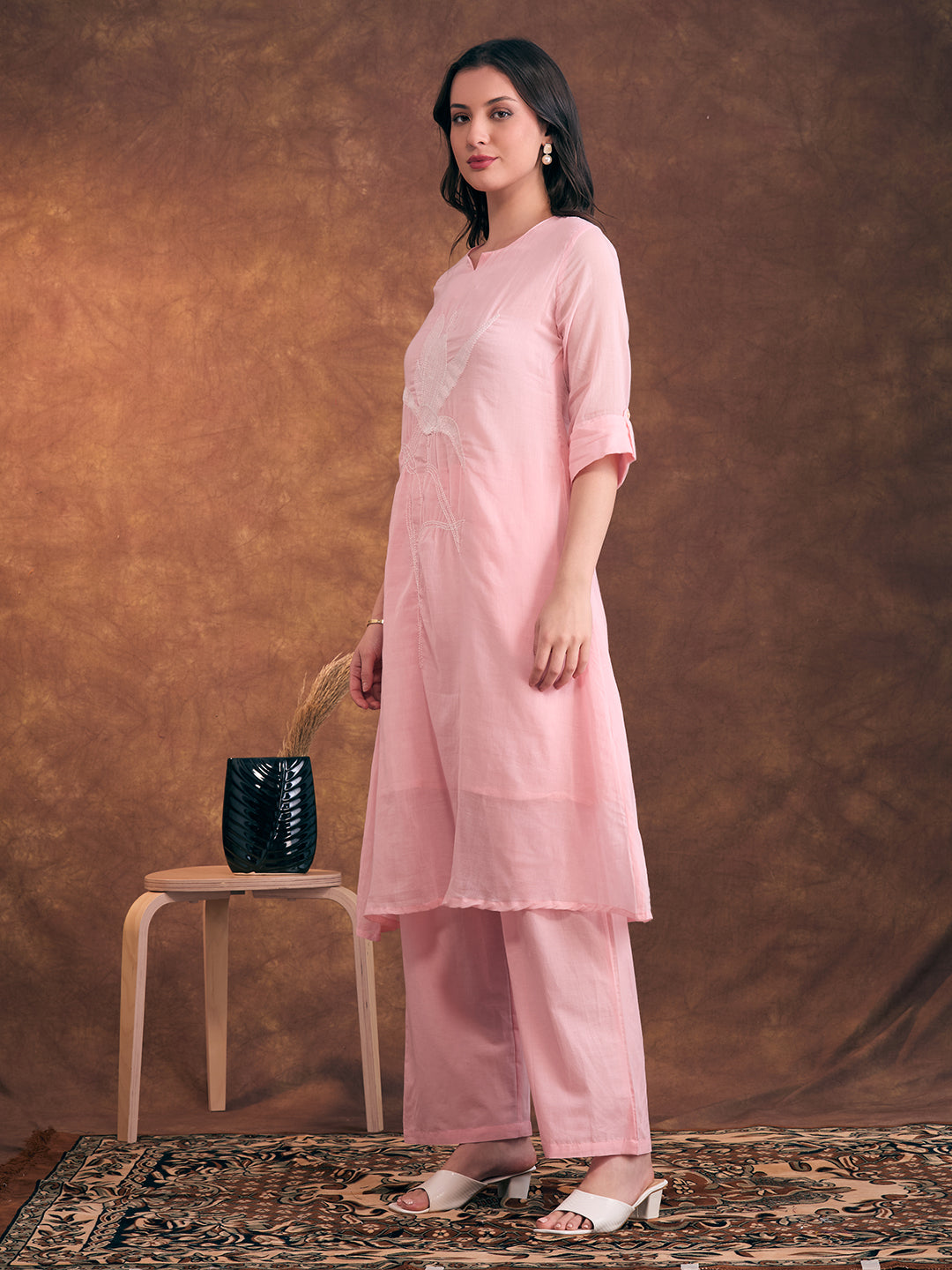 Solid Floral Patchwork Embroidered A-Line Co-ord Set - Pink
