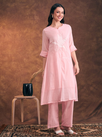 Solid Floral Patchwork Embroidered A-Line Co-ord Set - Pink