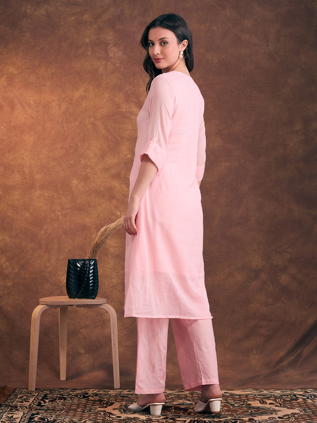 Solid Floral Patchwork Embroidered A-Line Co-ord Set - Pink