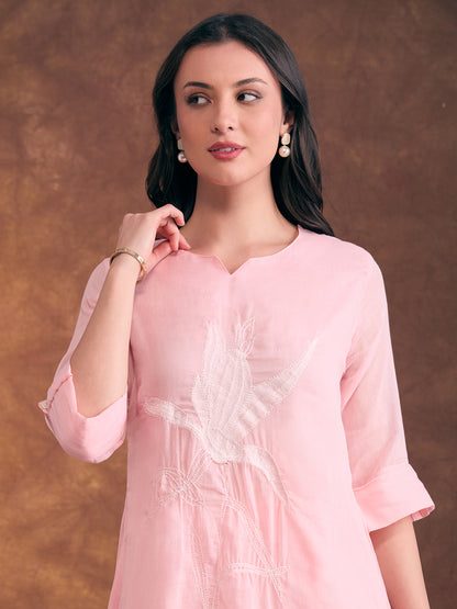 Solid Floral Patchwork Embroidered A-Line Co-ord Set - Pink