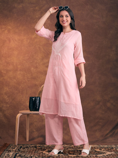 Solid Floral Patchwork Embroidered A-Line Co-ord Set - Pink