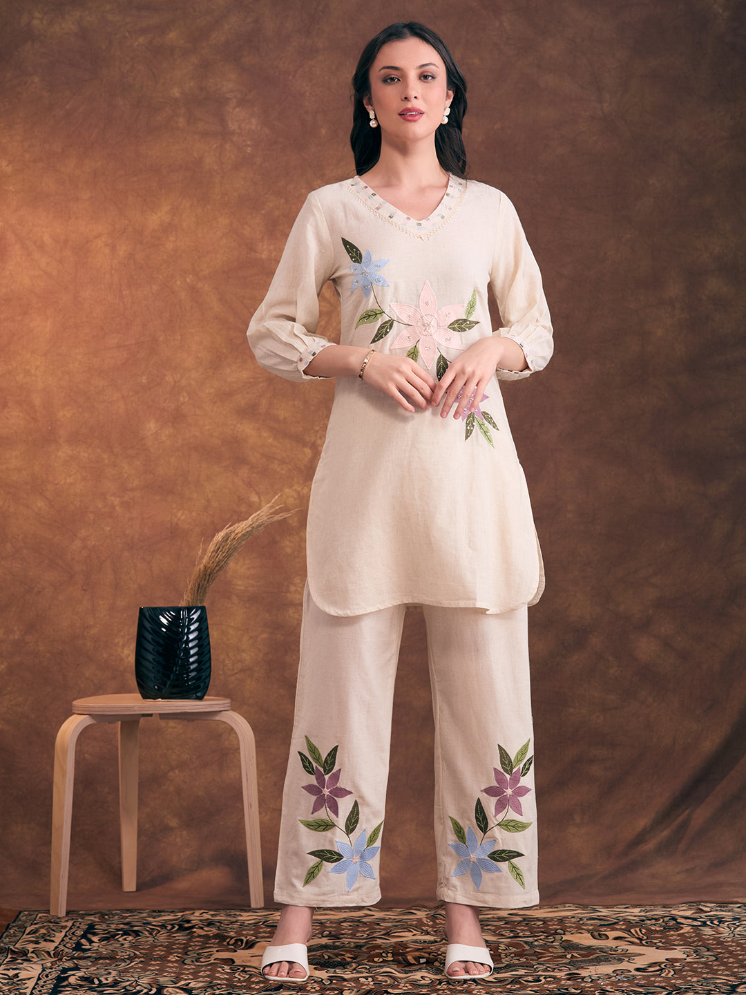 Floral Patchwork Embroidered Straight Fit Cotton Flax Co-ord Set - Off White
