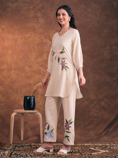 Floral Patchwork Embroidered Straight Fit Cotton Flax Co-ord Set - Off White