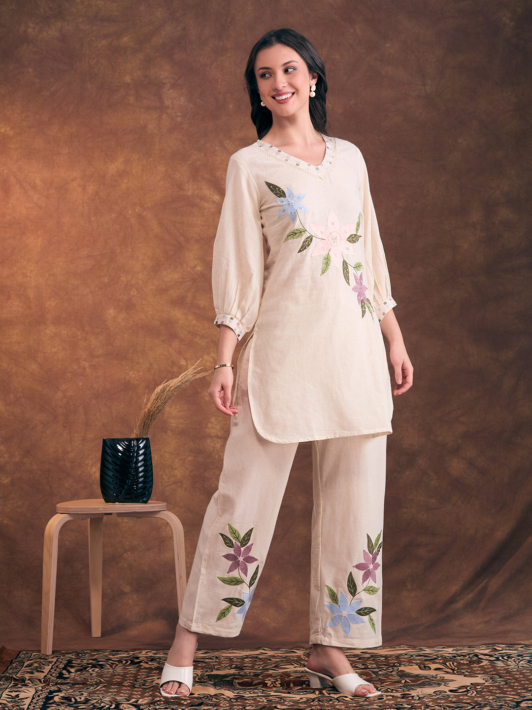 Floral Patchwork Embroidered Straight Fit Cotton Flax Co-ord Set - Off White