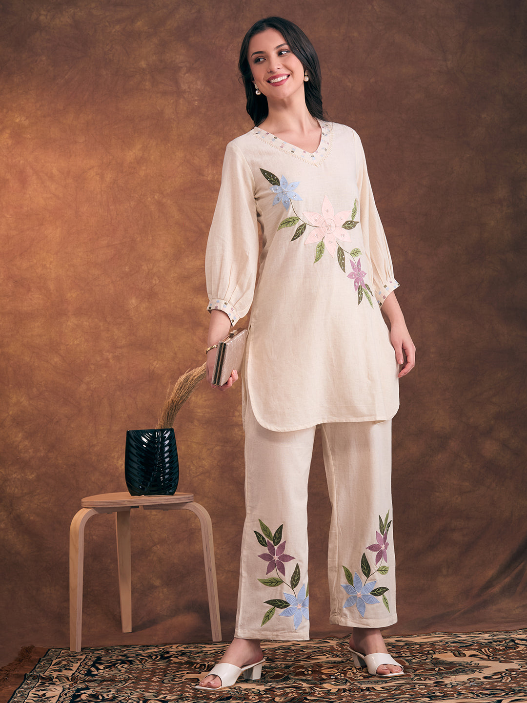 Floral Patchwork Embroidered Straight Fit Cotton Flax Co-ord Set - Off White
