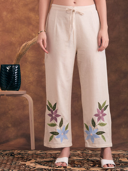 Floral Patchwork Embroidered Straight Fit Cotton Flax Co-ord Set - Off White