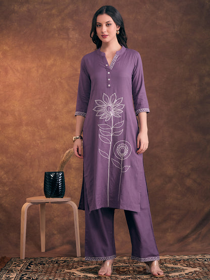 Solid Floral Threadwork Embroidered Straight Fit Co-ord Set - Lavender