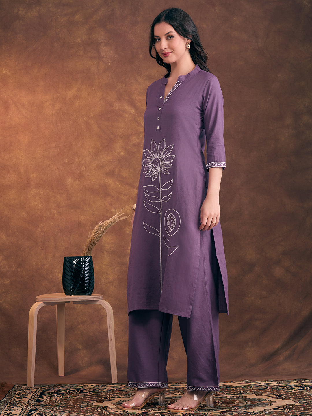 Solid Floral Threadwork Embroidered Straight Fit Co-ord Set - Lavender