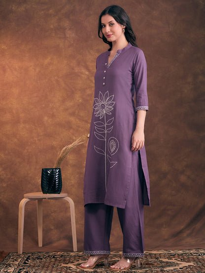 Solid Floral Threadwork Embroidered Straight Fit Co-ord Set - Lavender