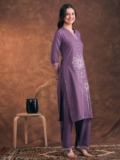 Solid Floral Threadwork Embroidered Straight Fit Co-ord Set - Lavender
