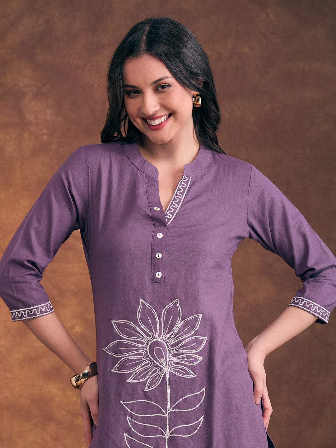 Solid Floral Threadwork Embroidered Straight Fit Co-ord Set - Lavender