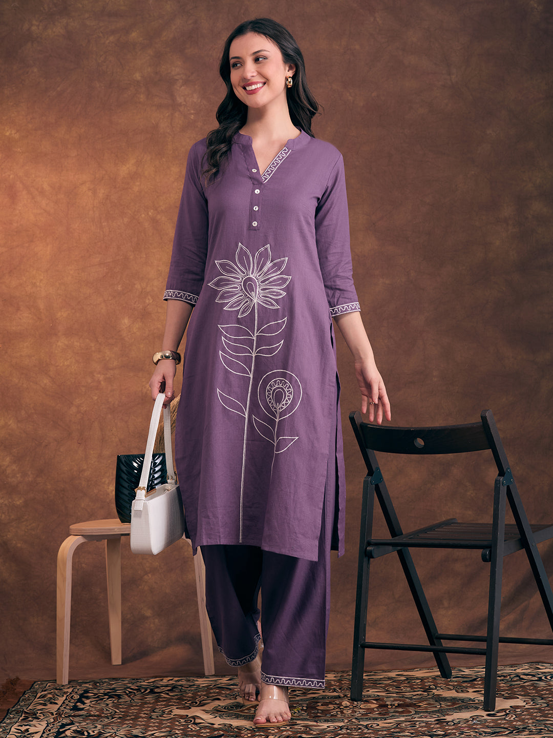 Solid Floral Threadwork Embroidered Straight Fit Co-ord Set - Lavender