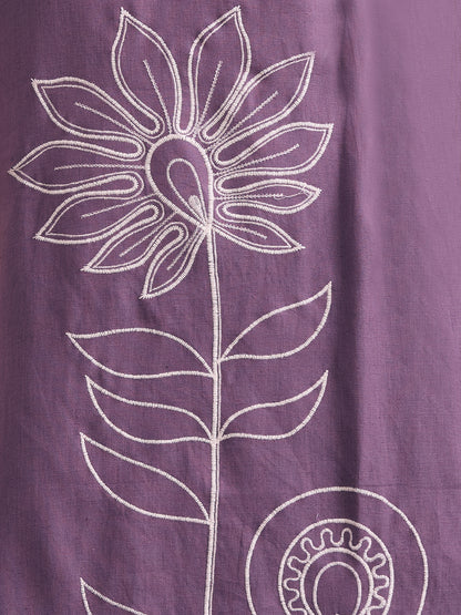 Solid Floral Threadwork Embroidered Straight Fit Co-ord Set - Lavender