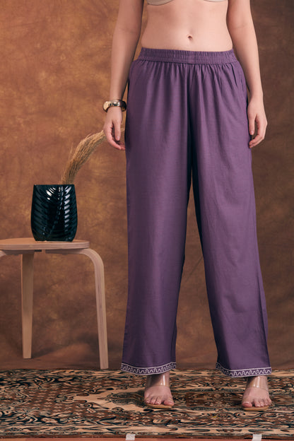 Solid Floral Threadwork Embroidered Straight Fit Co-ord Set - Lavender