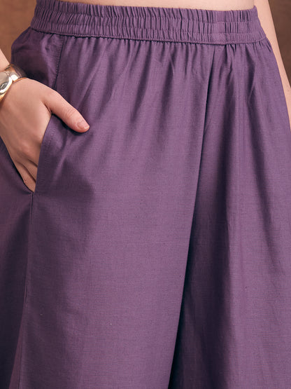 Solid Floral Threadwork Embroidered Straight Fit Co-ord Set - Lavender