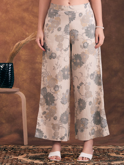 Solid A-Line Flared Kurta with Floral Printed Palazzo - Grey