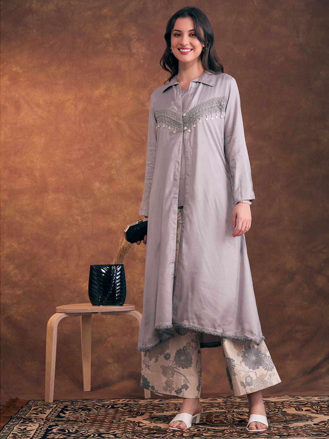 Solid A-Line Flared Kurta with Floral Printed Palazzo - Grey
