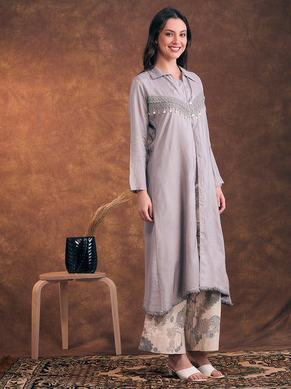 Solid A-Line Flared Kurta with Floral Printed Palazzo - Grey