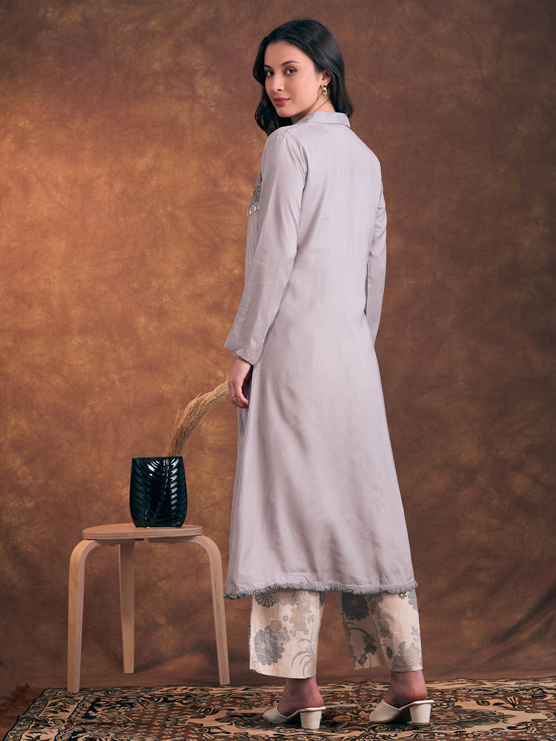 Solid A-Line Flared Kurta with Floral Printed Palazzo - Grey