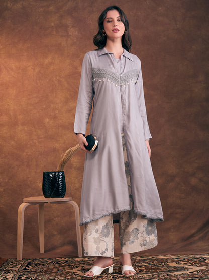 Solid A-Line Flared Kurta with Floral Printed Palazzo - Grey