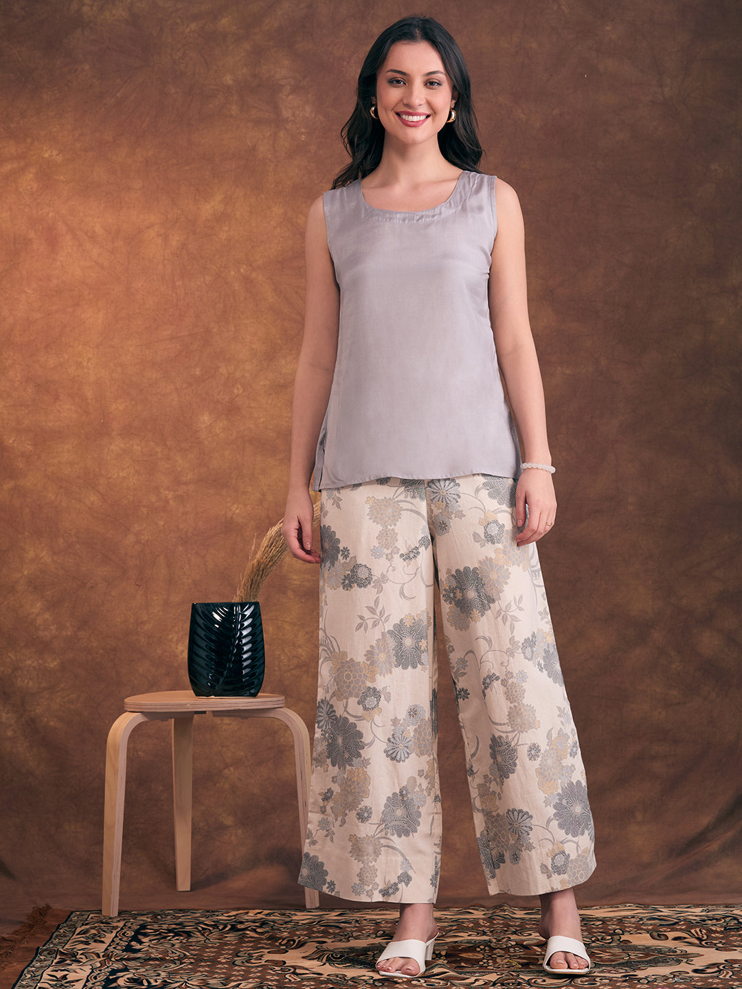 Solid A-Line Flared Kurta with Floral Printed Palazzo - Grey