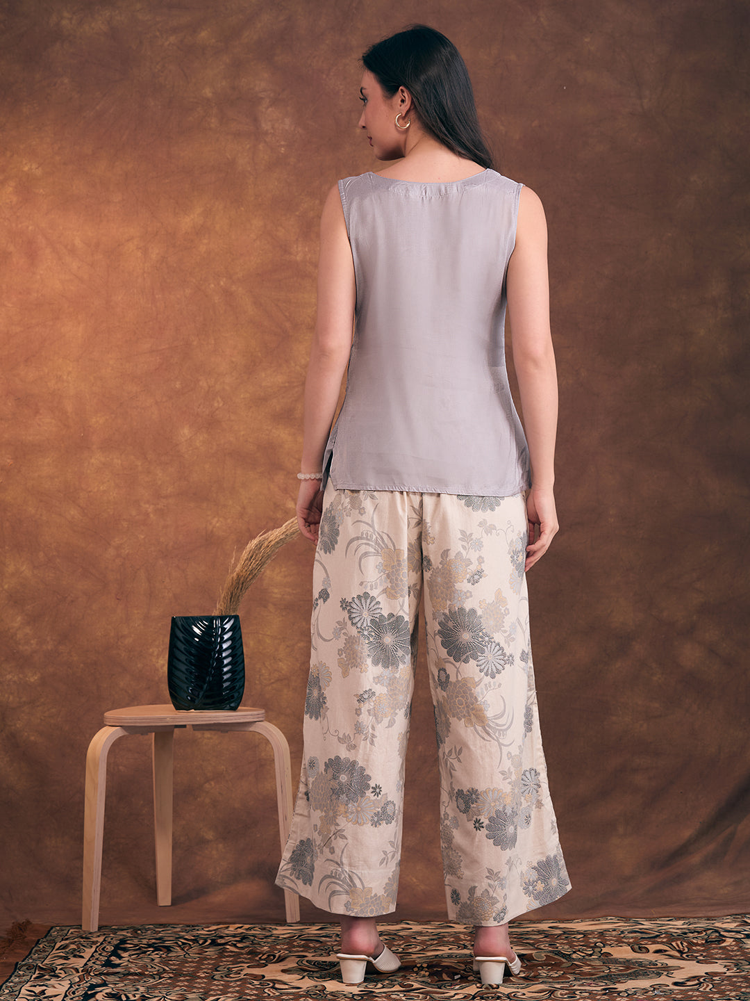 Solid A-Line Flared Kurta with Floral Printed Palazzo - Grey