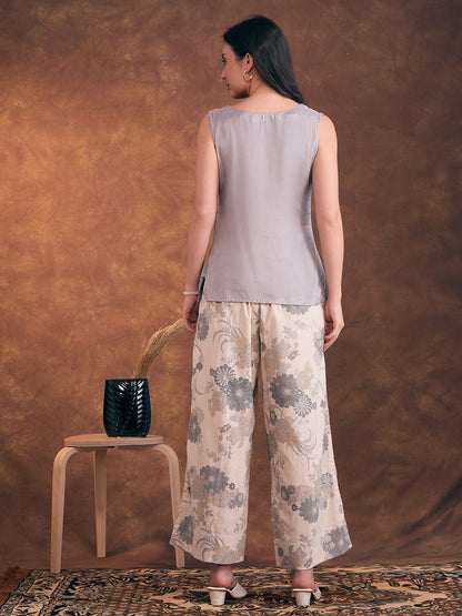 Solid A-Line Flared Kurta with Floral Printed Palazzo - Grey