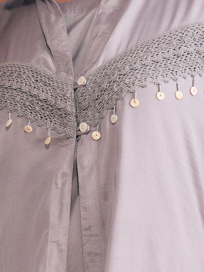 Solid A-Line Flared Kurta with Floral Printed Palazzo - Grey