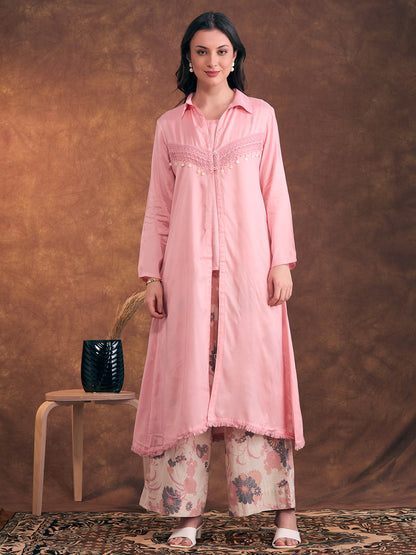 Solid A-Line Flared Kurta with Floral Printed Palazzo - Pink