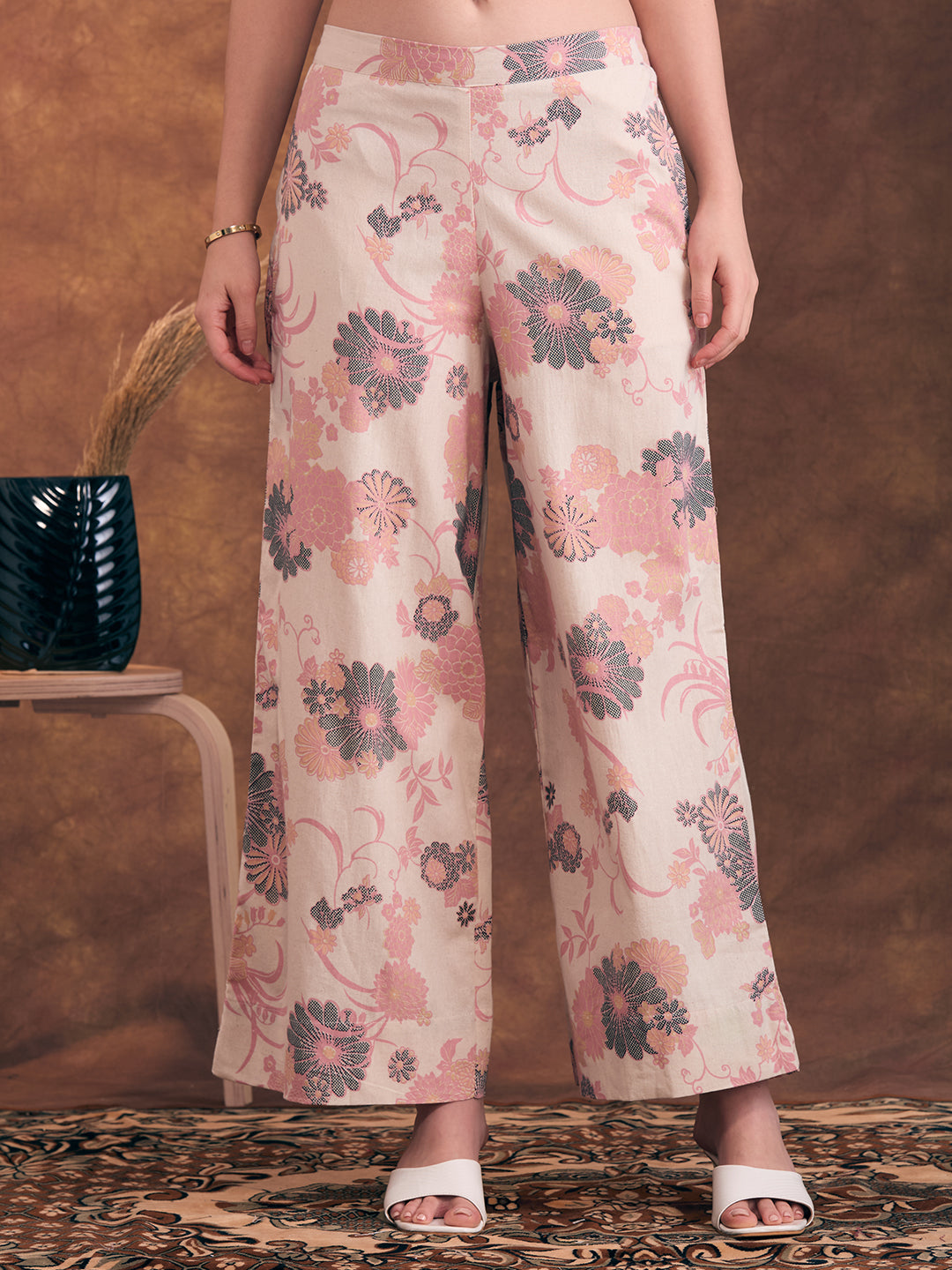 Solid A-Line Flared Kurta with Floral Printed Palazzo - Pink