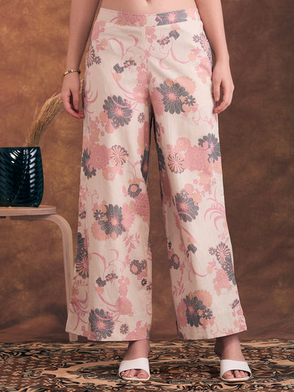 Solid A-Line Flared Kurta with Floral Printed Palazzo - Pink
