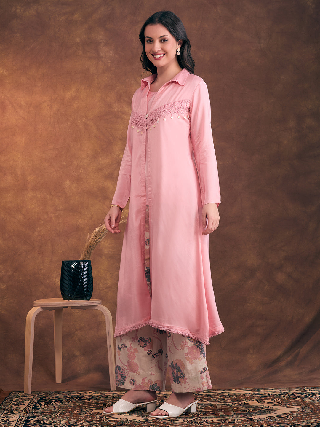 Solid A-Line Flared Kurta with Floral Printed Palazzo - Pink