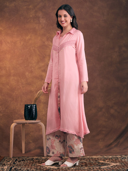 Solid A-Line Flared Kurta with Floral Printed Palazzo - Pink