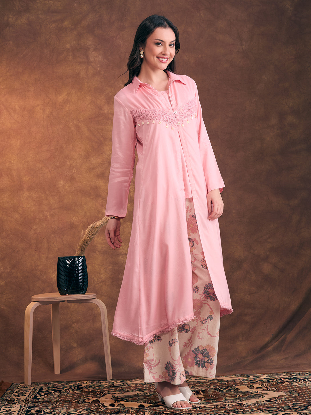 Solid A-Line Flared Kurta with Floral Printed Palazzo - Pink