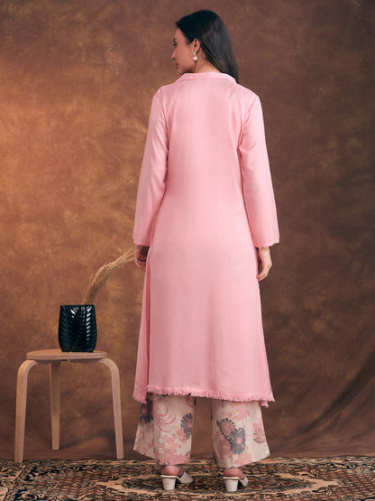 Solid A-Line Flared Kurta with Floral Printed Palazzo - Pink