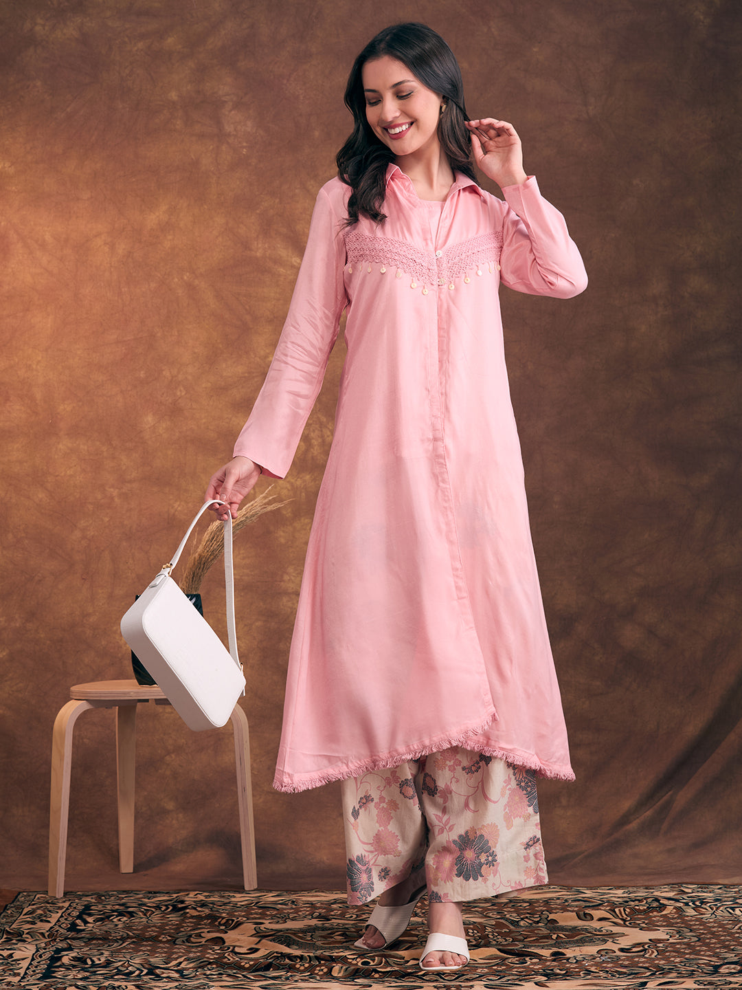 Solid A-Line Flared Kurta with Floral Printed Palazzo - Pink