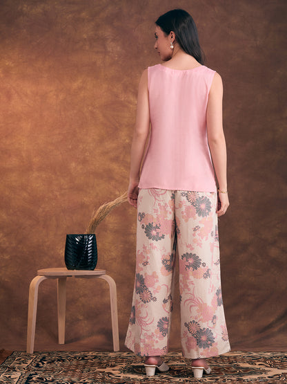 Solid A-Line Flared Kurta with Floral Printed Palazzo - Pink