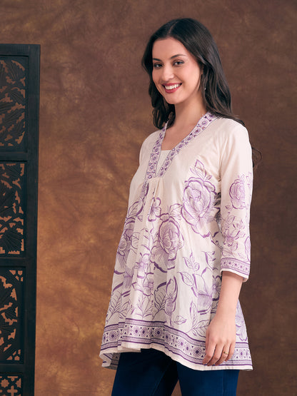 Ethnic Floral Printed A-Line Paneled Kurti - Off White
