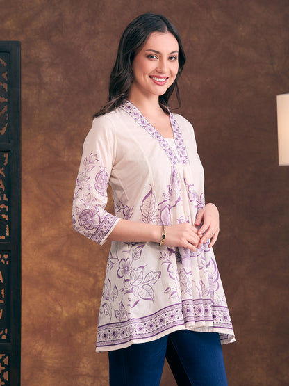 Ethnic Floral Printed A-Line Paneled Kurti - Off White