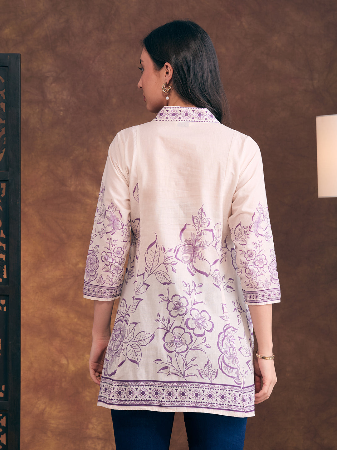 Ethnic Floral Printed A-Line Paneled Kurti - Off White