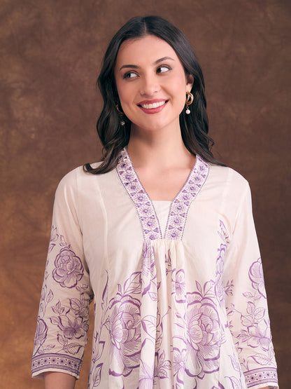 Ethnic Floral Printed A-Line Paneled Kurti - Off White