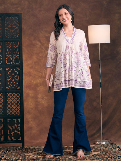 Ethnic Floral Printed A-Line Paneled Kurti - Off White
