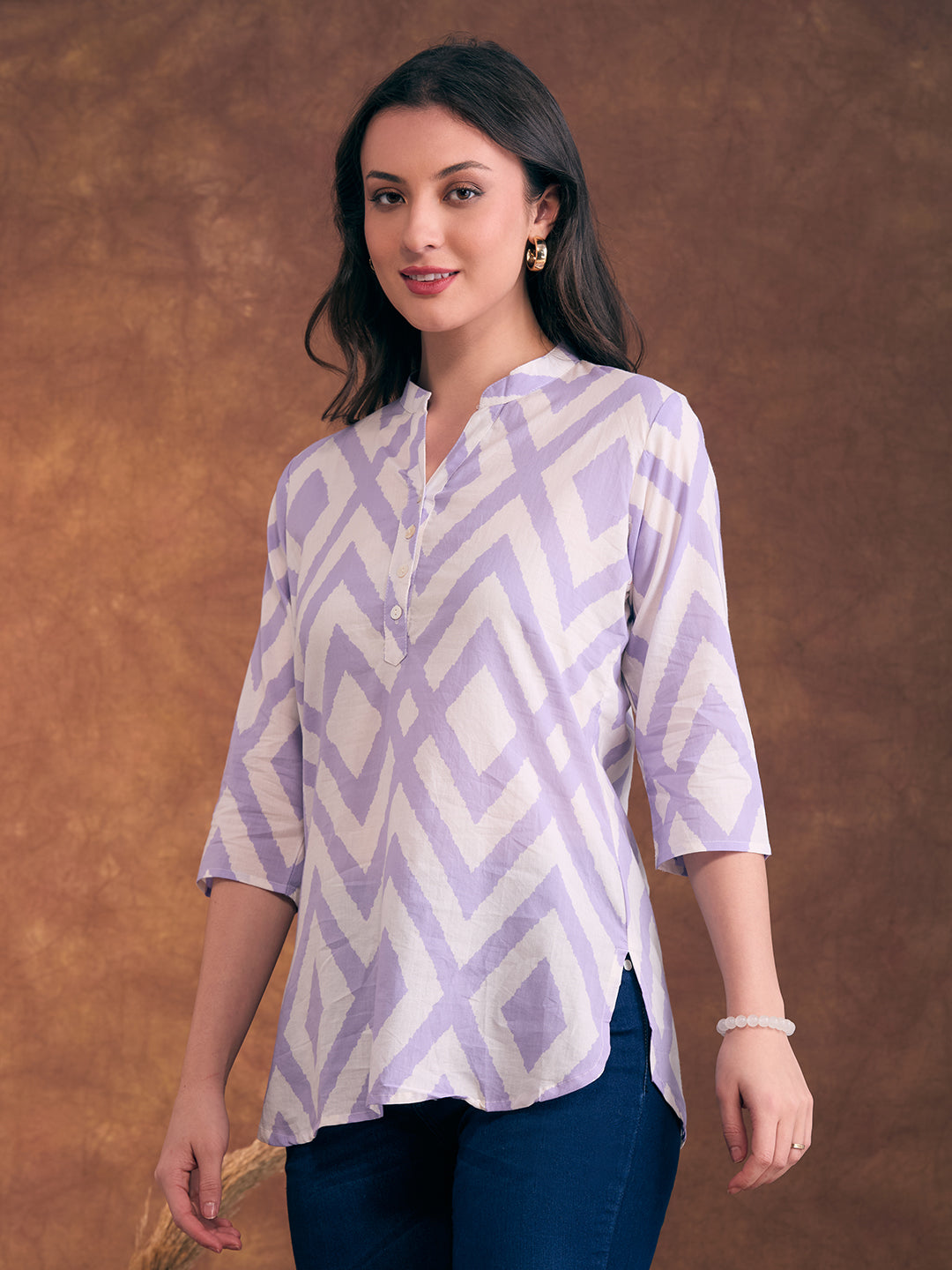 Ethnic Chevron Printed A-Line Short Kurti - Off White