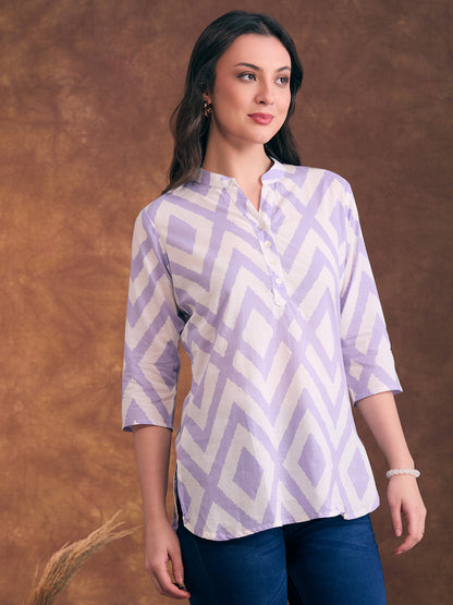Ethnic Chevron Printed A-Line Short Kurti - Off White