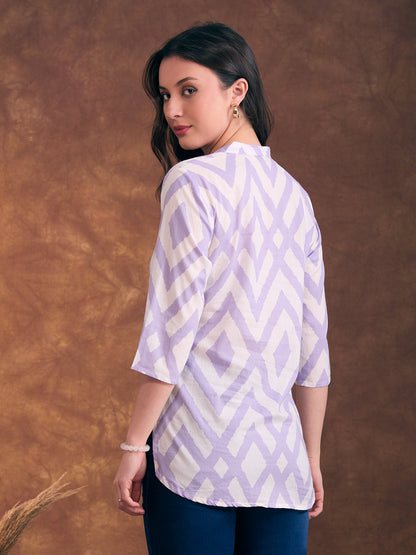 Ethnic Chevron Printed A-Line Short Kurti - Off White