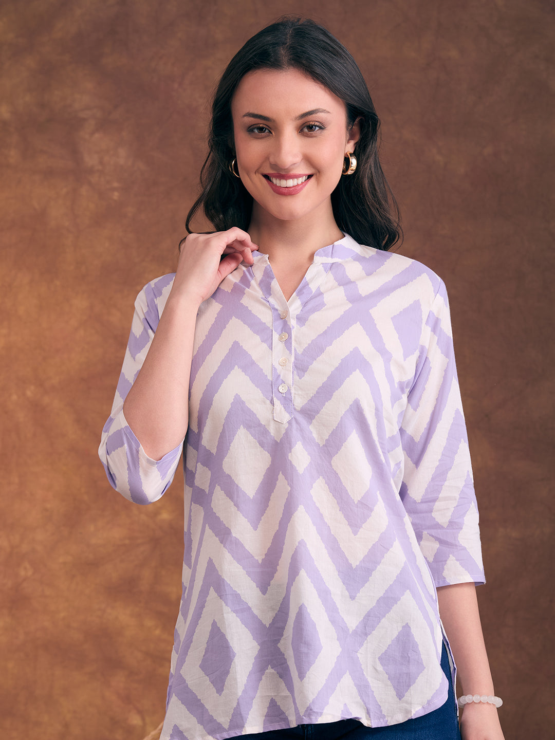 Ethnic Chevron Printed A-Line Short Kurti - Off White