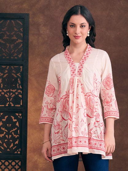 Ethnic Floral Printed A-Line Paneled Kurti - Off White
