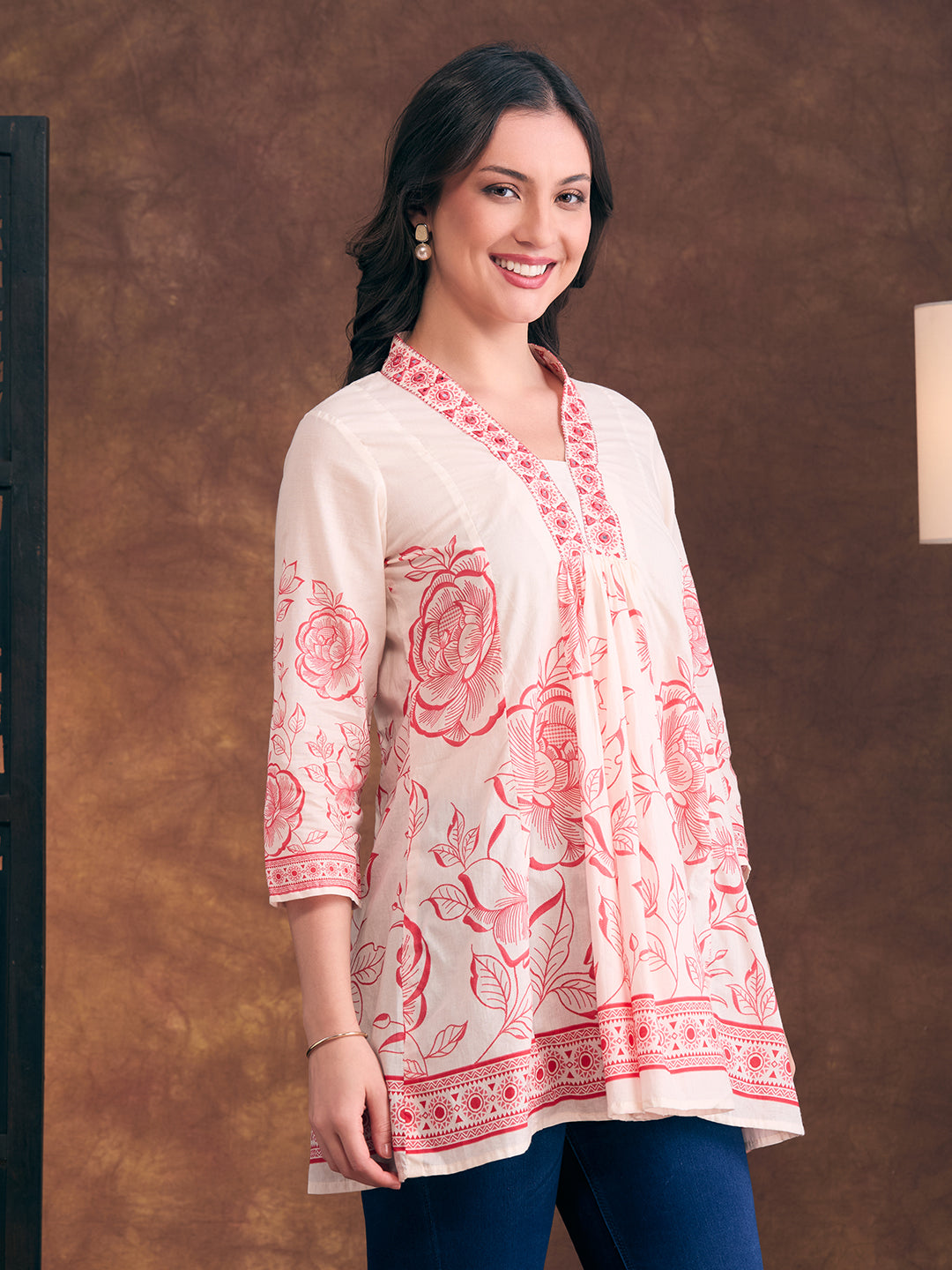 Ethnic Floral Printed A-Line Paneled Kurti - Off White