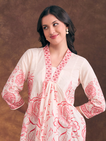 Ethnic Floral Printed A-Line Paneled Kurti - Off White